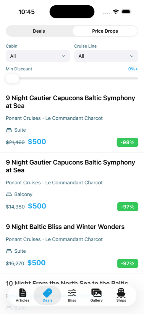 Price Drops list showing the previous fare struck through beside the current fare and the discount for each stateroom type
