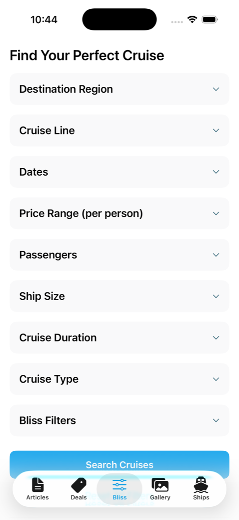 Search screen with filters for destination region, cruise line, dates, price range, passengers, ship size, duration and cruise type