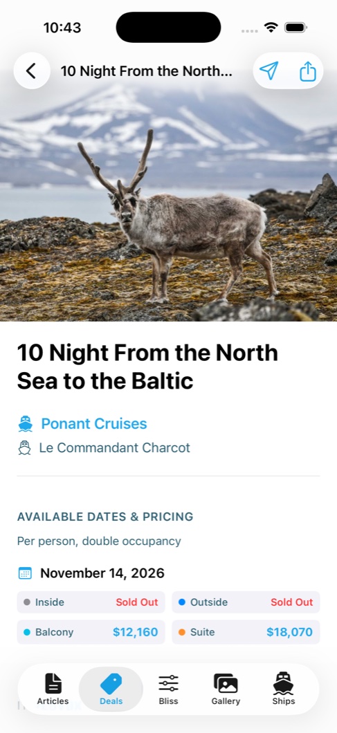 Cruise detail page for a ten night Baltic sailing showing dates and per person pricing by cabin type