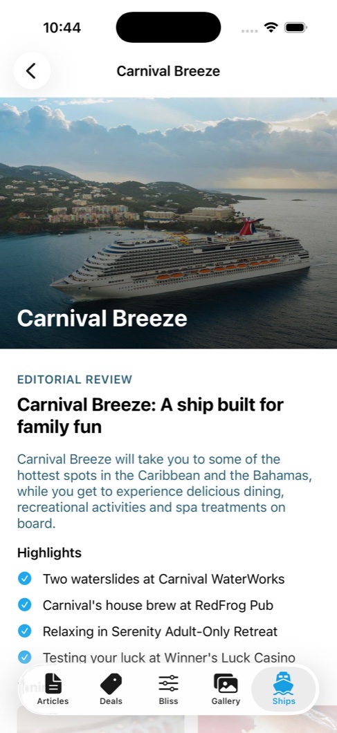 Ship page for Carnival Breeze with an editorial review and a list of onboard highlights