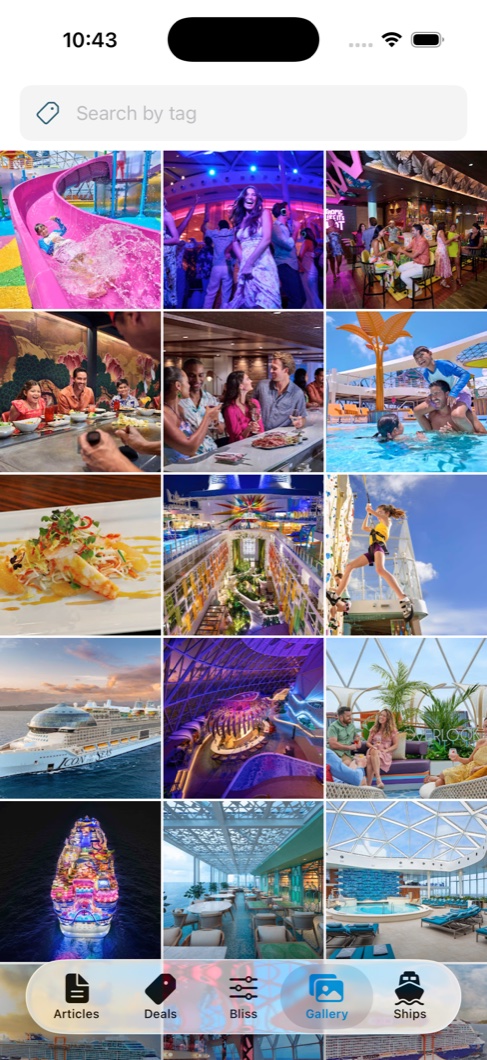 Photo gallery grid of onboard pools, restaurants, waterslides and lounges, searchable by tag