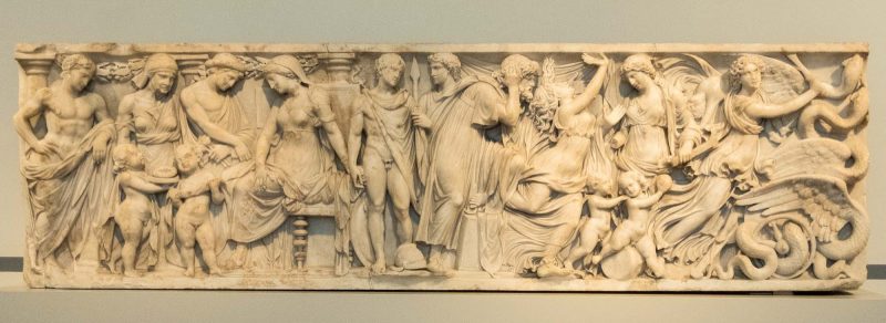 Marble relief on a sarcophagus from Rome shows four scenes from Greek myth depicting wedding and death, happiness and sorrow, dating to 140-150 A.D. at the Altes Museum in Berlin.