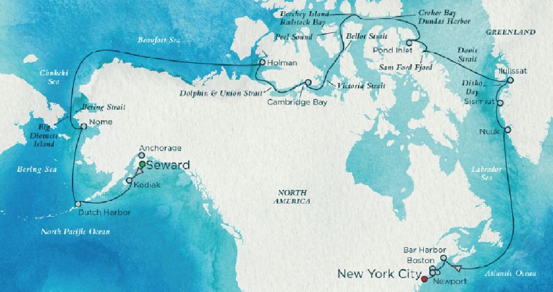 The full 32-day Northwest Passage itinerary with ports of call (click to enlarge).