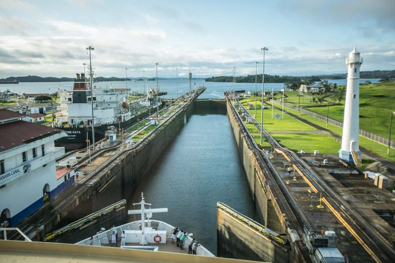 View of the third of three locks on the Atlantic side of the Panama Canal.