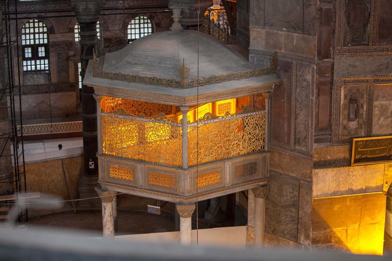 A golden-colored religious chamber, off-limits to the public, inside Hagia Sophia in Istanbul.