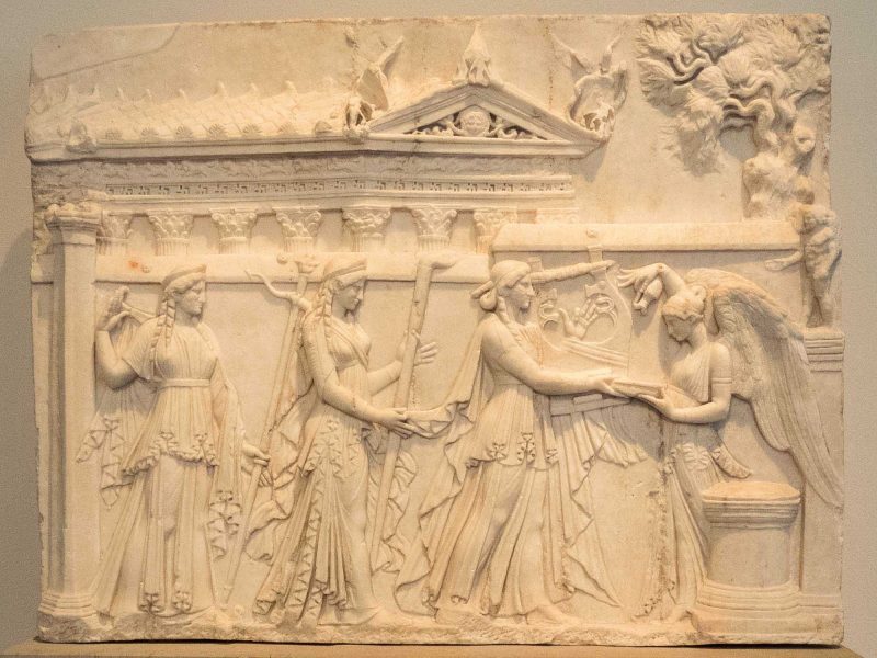 The gods Apollo, Diana and Latona approach an altar where Victoria stands in this marble relief. It dates to 20-30 B.C. at the Altes Museum in Berlin.