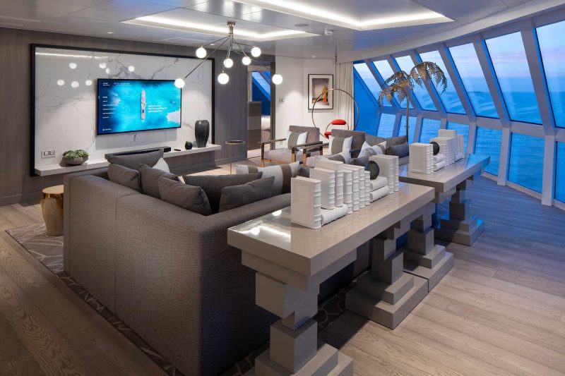  The living room of the top-of-the-line Iconic Suite on Celebrity Edge.  