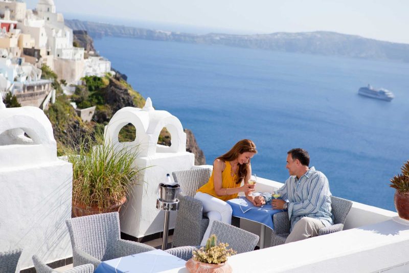 The view from Franco's, one of the scenic overlooks that's an easy walk from the pier during a shore excursion on your sailing on Seven Seas Voyager to Santorini, Greece.