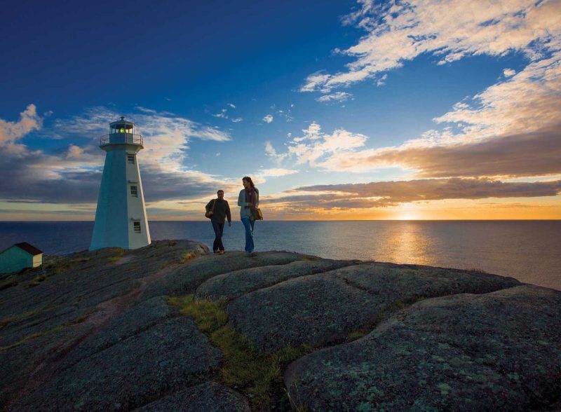 Sunrise at Cape Spear Lighthouse National Historic Site on Avalon Peninsula in Newfoundland.