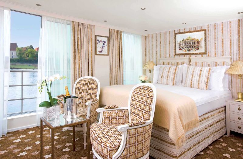 The charming River Beatrice suite will be your own private haven during your cruise. The Uniworld ship sails the iconic Danube River between Hungary and Germany, among other itineraries.