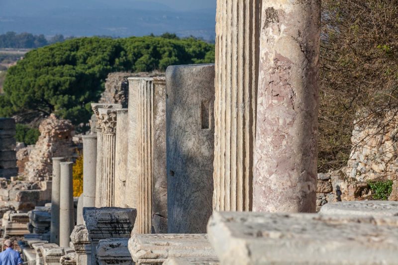 Columns line a walkway for visitors in Ephesus, Turkey. 