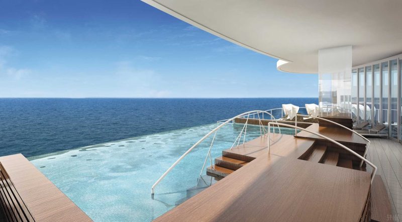 You can see for miles and miles in the Spa Infinity Pool on Seven Seas Explorer. 