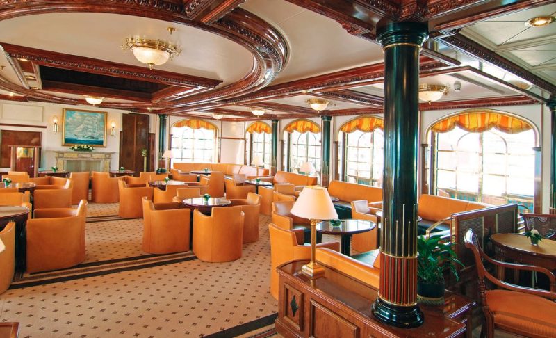 The lavishly appointed main lounge aboard Sea Cloud II. 