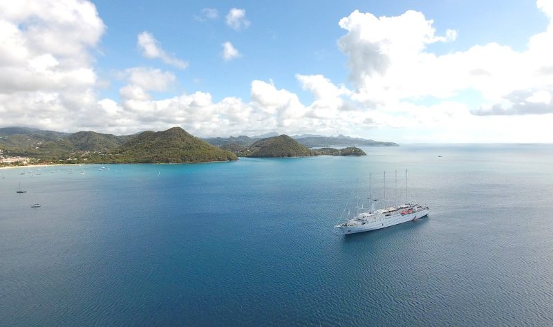 Wind Surf anchored in idyllic Rodney Bay in the north of St. Lucia (drone image).