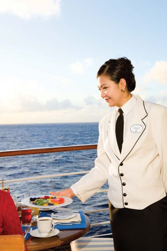 Breakfast service on the veranda of a Silversea ship.