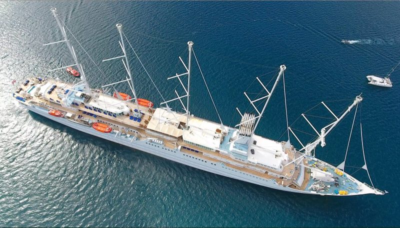 Drone image of Windstar's flagship, Wind Surf, seen from above in St. Lucia.