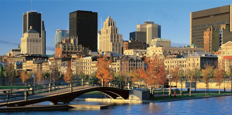 The Montreal cityscape in the fall.