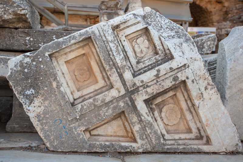 Fanciful decorations on stone ruins at Ephesus, Turkey. 