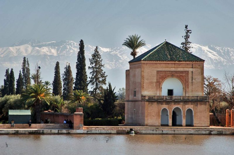The Pavilion at Menara Gardens, a public city park in Marrakesh, Morocco. The area is a UNESCO World Heritage site. 