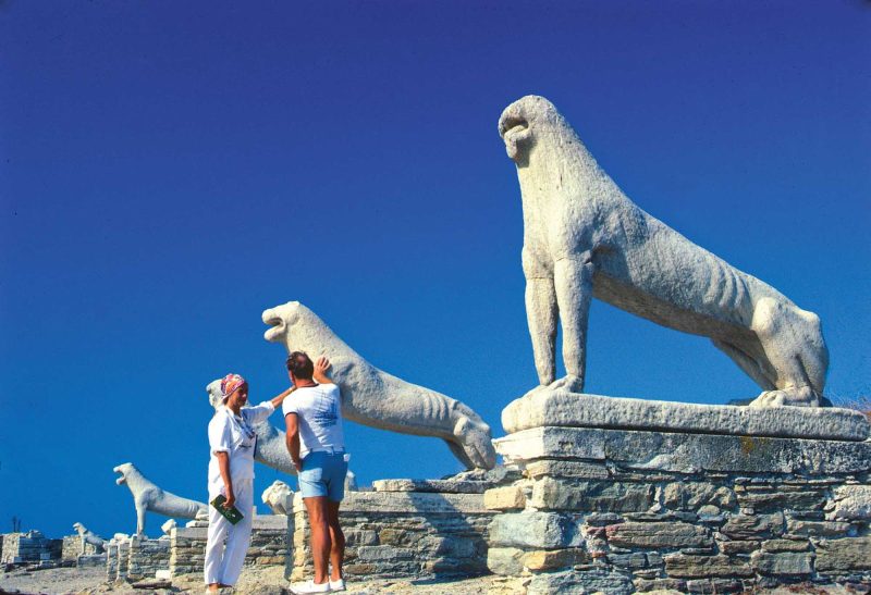 Visit the impressive ancient monument the Terrace of the Lions during a visit to the island of Delos, Greece.