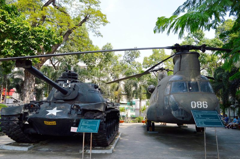 A tank and helicopter at a war remnants museum in Saigon (Ho Chi Minh City), Vietnam. 