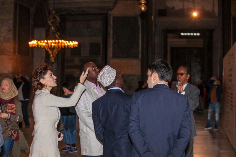 A multimedia presentation is given to the devout in the nave near the entrance of Hagia Sophia in Istanbul.