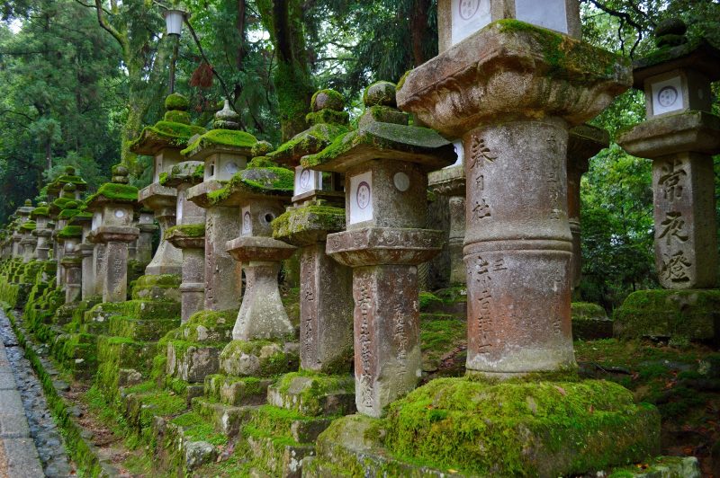 Moss-covered stone pillars at Fushimi Inari-taisha, an important Shinto shrine in southern Kyoto, Japan.