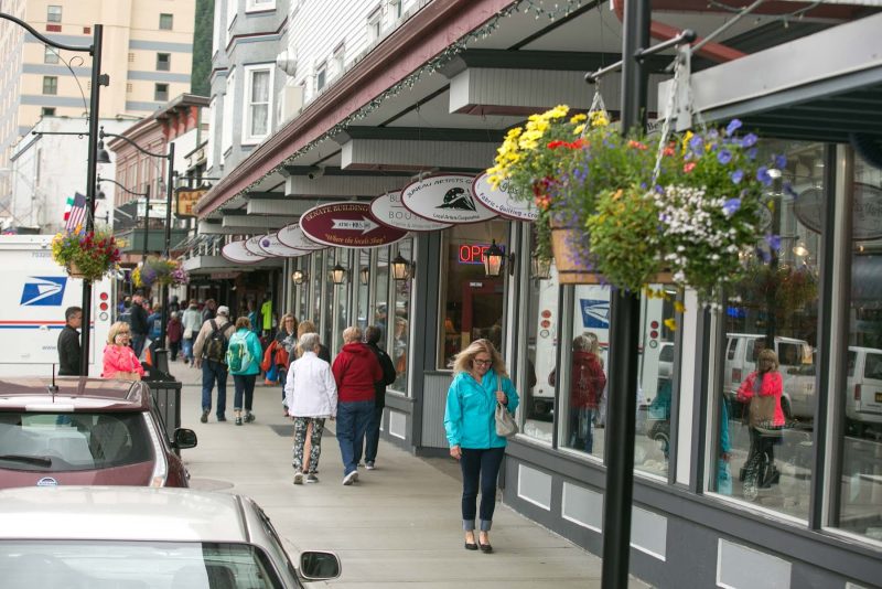 A stretch of shops along North Franklin Street in downtown Juneau, Alaska. 