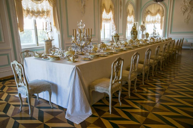 Banquet table at Peterhof Palace near St. Petersburg, Russia.