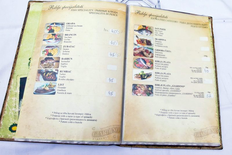 A menu at a fish restaurant in the heart of Old Kotor.