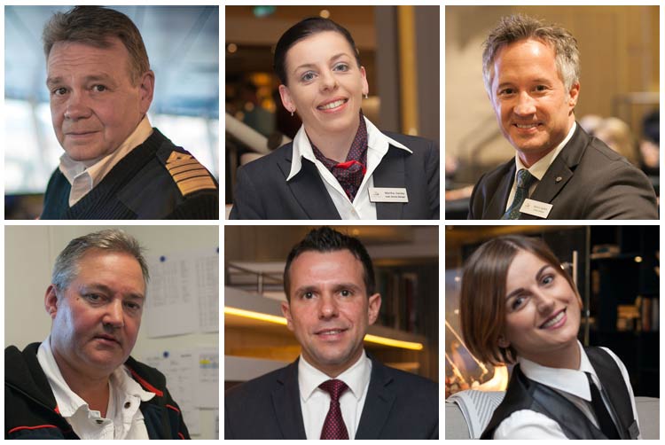 Clockwise from top left: Viking Star's captain, guest services manager, cruise director, a bar server, general manager and chief engineer.
