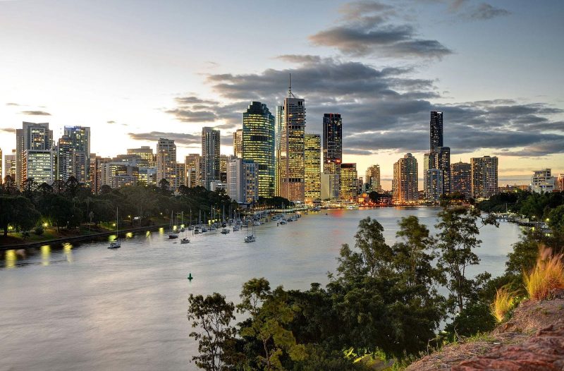 The skyline of Brisbane, Australia, at dusk.