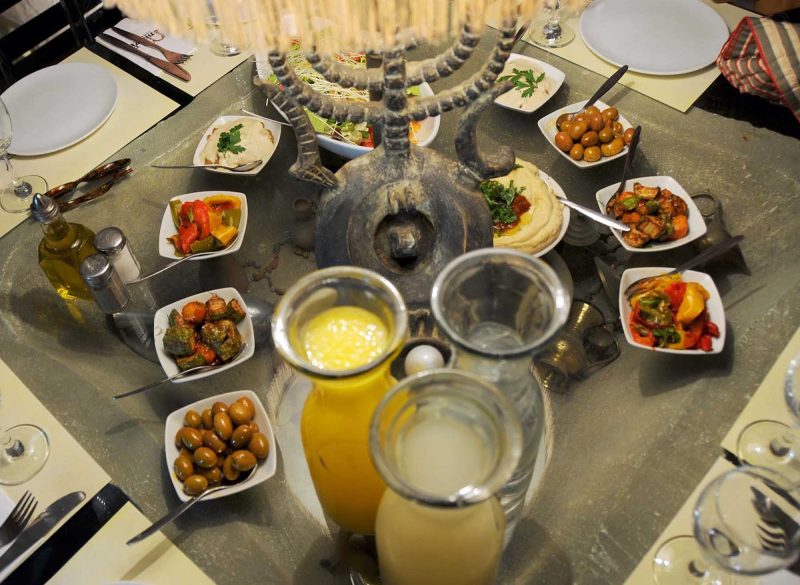 Middle Eastern food served in a market in Jerusalem. 