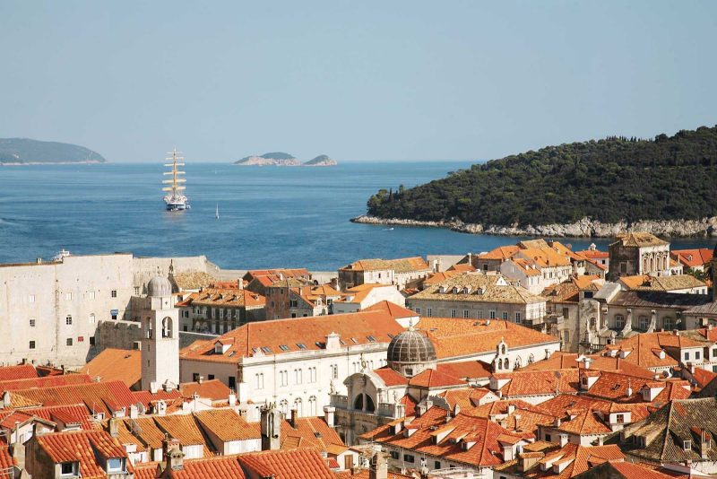   Royal Clipper, the world's only five-masted full-rigged sailing cruise ship, moored off Dubrovnik, Croatia. 