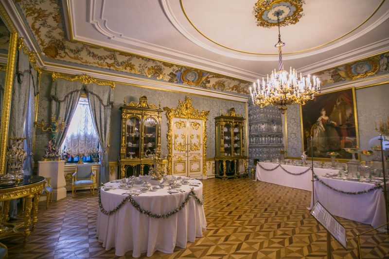 Restoration work has returned the Blue Drawing Room to its 1783 glory at Peterhof Palace near St. Petersburg, Russia.
