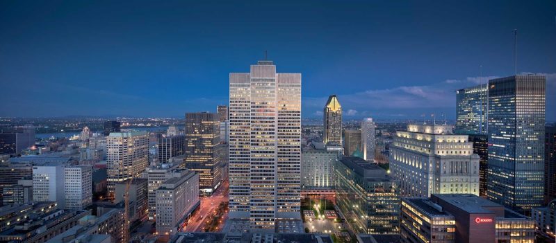 The cityscape of downtown Montreal at dusk.