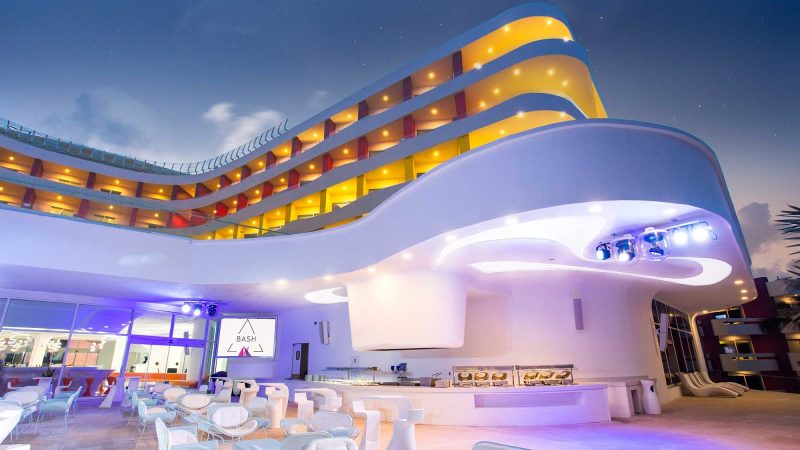 The Bash bar is the center of the action when the theme entertainment starts at night at Temptation Cancun Resort.
