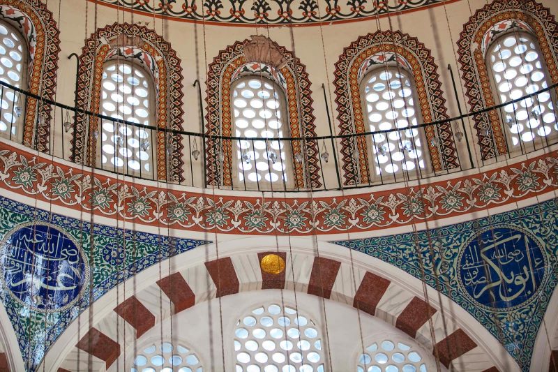 Windows illuminate the center of the Rüstem Pasha Mosque in Istanbul.