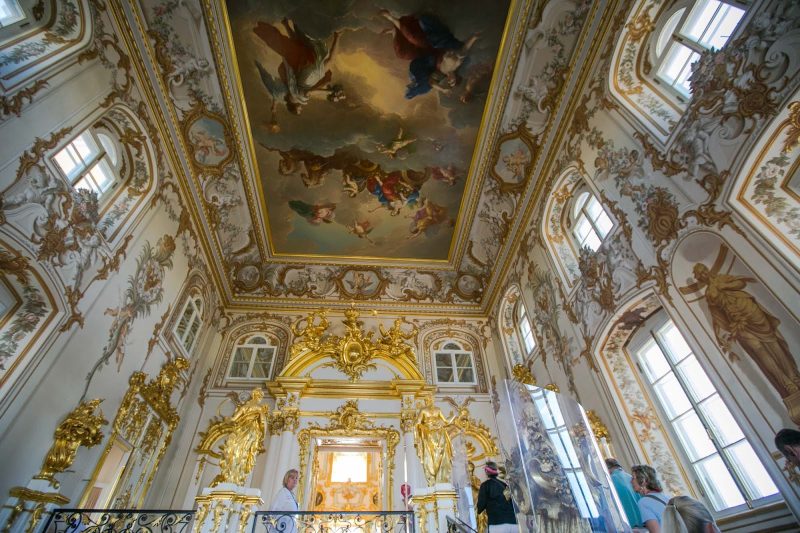 The restored ceiling of Peterhof Palace near St. Petersburg, Russia.