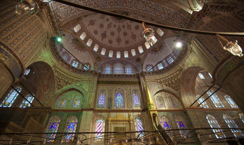 One side of the interior of the Blue Mosque, or Sultan Ahmed Mosque, in Istanbul.