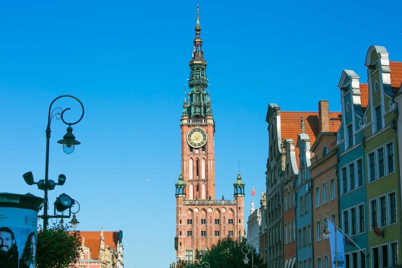 Historical clock on the tower of the Town Hall in Gdansk, Poland.