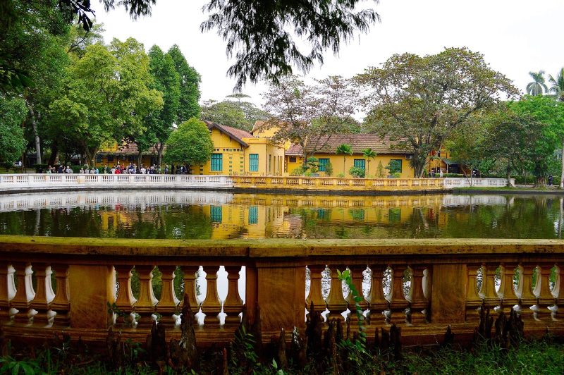 A railing runs around the lake on the mausoleum grounds honoring former Vietnamese leader Ho Chi Minh.