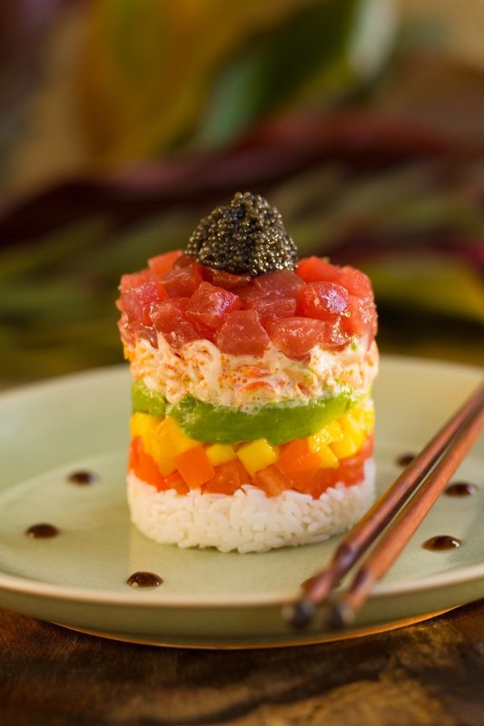 Layered ahi poke cuisine. Poke (pronounced POH-kay) is served in most Hawaiian restaurants as a side dish or appetizer. In Hawaiian, poke means "cut piece" or "small piece."