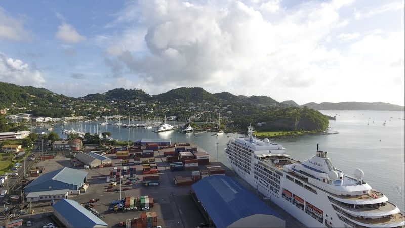 Drone footage of the harbor of St. George's, Grenada, with Silver Spirit in the foreground.