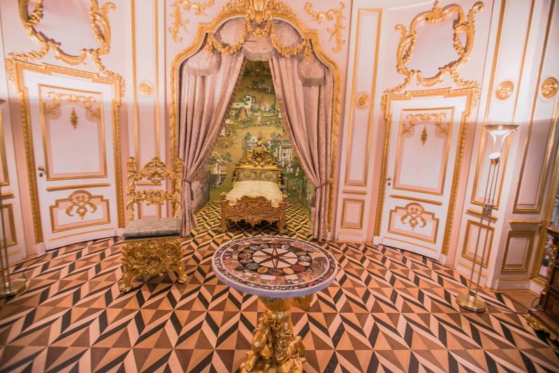 The Crown Room, one of the State Bedrooms in Peterhof Palace near St. Petersburg, Russia.