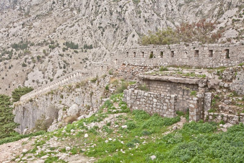 Ruins, part of the  Castle of San Giovanni (or the Castle of St. John) at the summit of the Ladder of Kotor.
