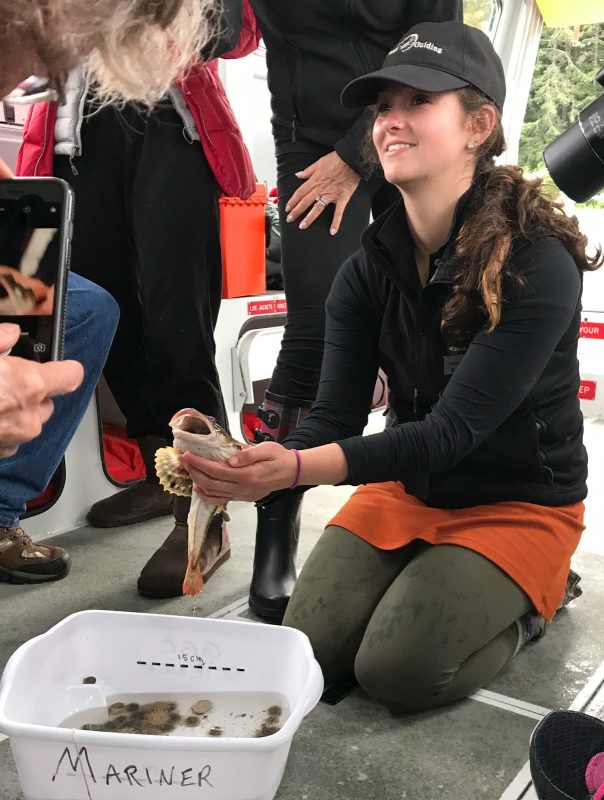 Tour guide Katy Bear holds up a great sculpin for passengers in Auke Bay.