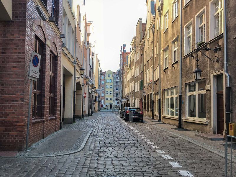 A cobblestone street in Old Gdansk, Poland.