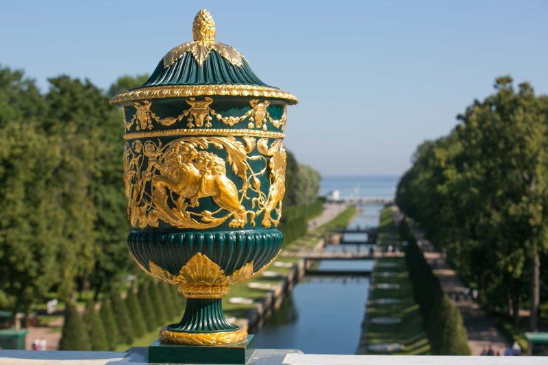 The view from the terrace in the front of Peterhof Palace near St. Petersburg, Russia.