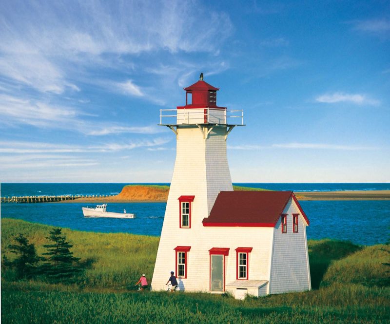 The New London Rear Range Lighthouse on Prince Edward Island, Canada, on a clear day.